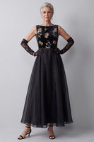 Load image into Gallery viewer, Floral Black A Line Velvet Sparkly Sequin Long Mother of the Bride Dress