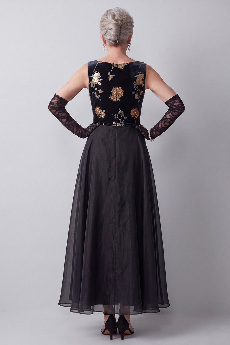 Load image into Gallery viewer, Floral Black A Line Velvet Sparkly Sequin Long Mother of the Bride Dress