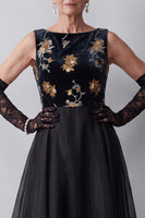 Load image into Gallery viewer, Floral Black A Line Velvet Sparkly Sequin Long Mother of the Bride Dress