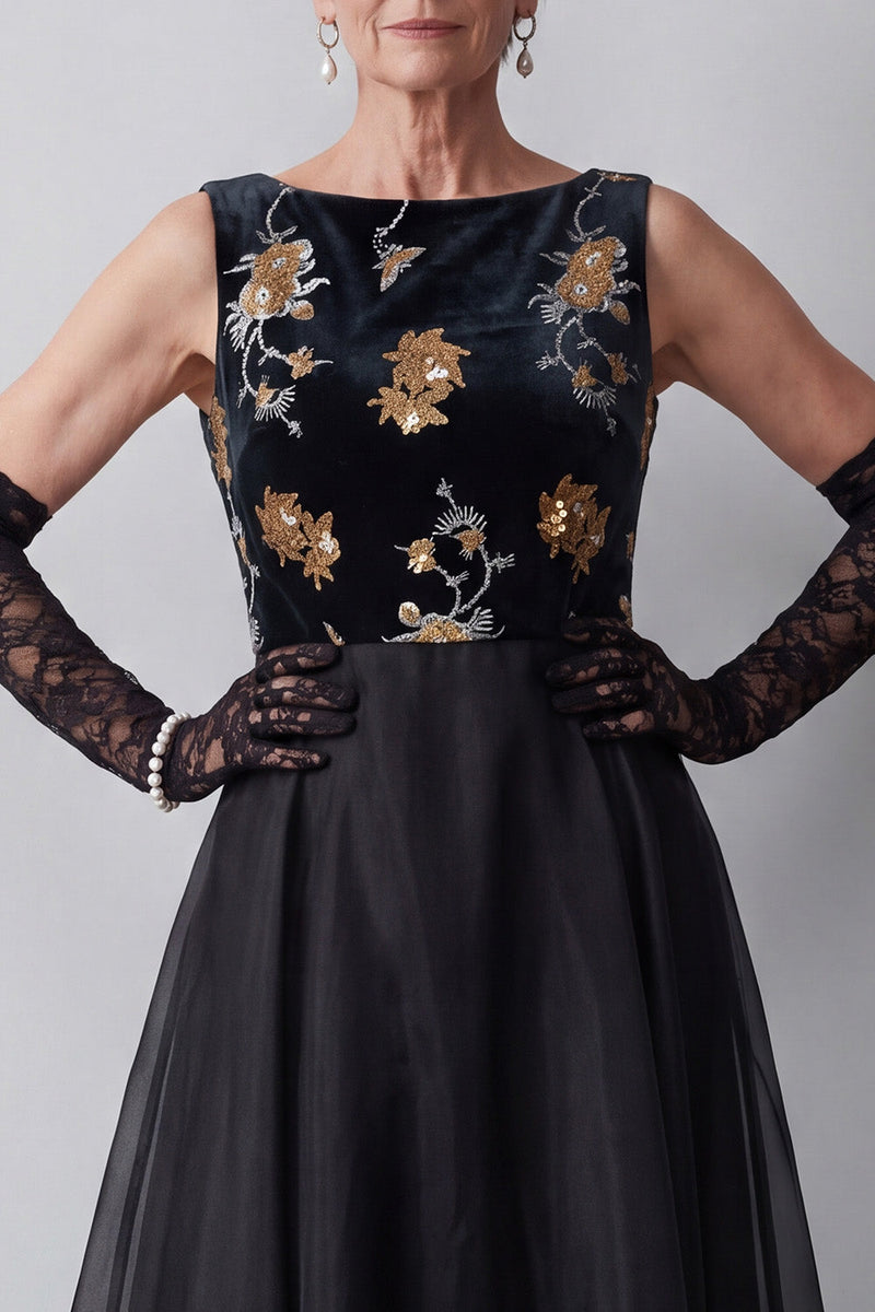 Load image into Gallery viewer, Floral Black A Line Velvet Sparkly Sequin Long Mother of the Bride Dress