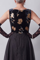Load image into Gallery viewer, Floral Black A Line Velvet Sparkly Sequin Long Mother of the Bride Dress