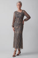 Load image into Gallery viewer, Steel Grey Sheath Sparkly Sequin Ruched Midi Mother of the Bride Dress with Sleeves