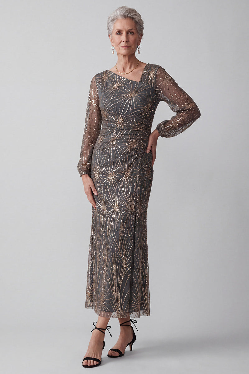 Load image into Gallery viewer, Steel Grey Sheath Sparkly Sequin Ruched Midi Mother of the Bride Dress with Sleeves
