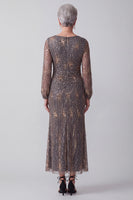 Load image into Gallery viewer, Steel Grey Sheath Sparkly Sequin Ruched Midi Mother of the Bride Dress with Sleeves