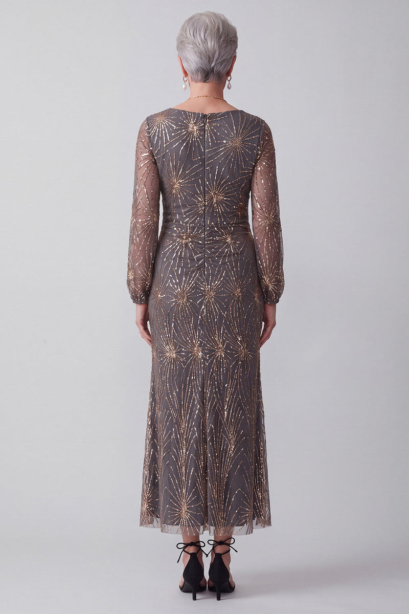 Load image into Gallery viewer, Steel Grey Sheath Sparkly Sequin Ruched Midi Mother of the Bride Dress with Sleeves