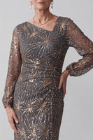 Load image into Gallery viewer, Steel Grey Sheath Sparkly Sequin Ruched Midi Mother of the Bride Dress with Sleeves