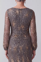 Load image into Gallery viewer, Steel Grey Sheath Sparkly Sequin Ruched Midi Mother of the Bride Dress with Sleeves