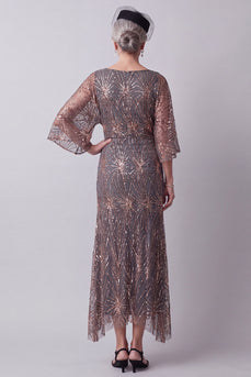Steel Grey Sheath Sparkly Sequin Boat Neck Midi Mother of the Bride Dress with Sleeves