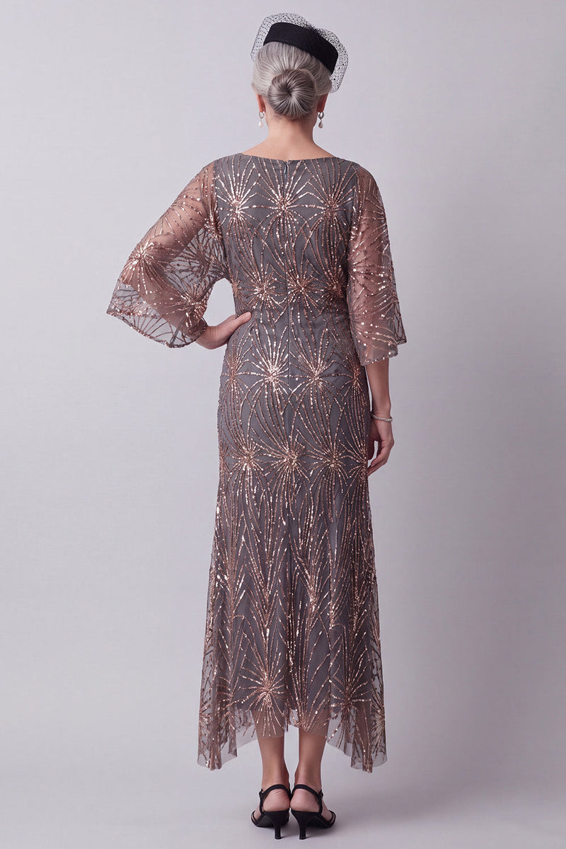 Load image into Gallery viewer, Steel Grey Sheath Sparkly Sequin Boat Neck Midi Mother of the Bride Dress with Sleeves