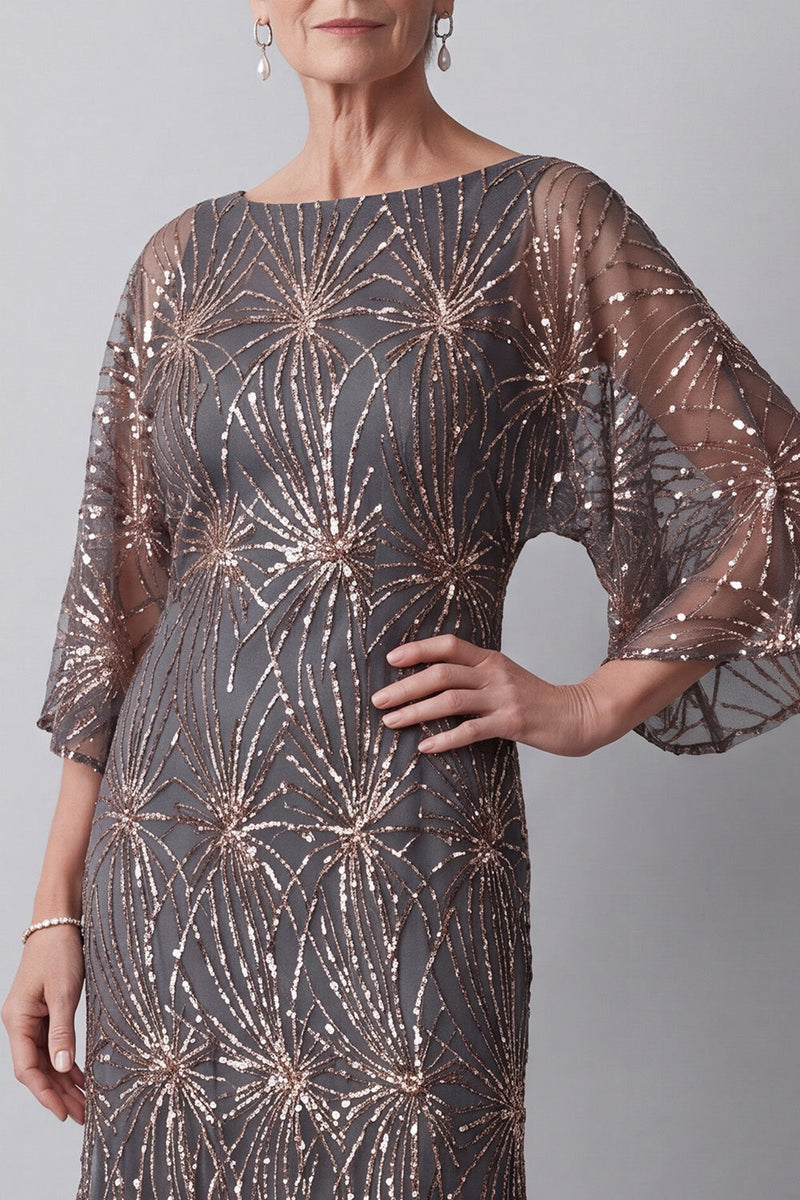 Load image into Gallery viewer, Steel Grey Sheath Sparkly Sequin Boat Neck Midi Mother of the Bride Dress with Sleeves
