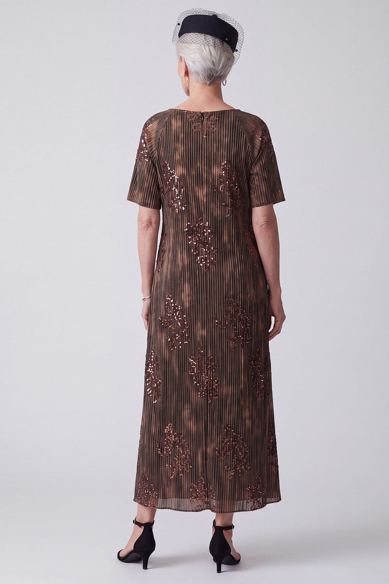 Load image into Gallery viewer, Sparkly Sequin Coffee Pleated A Line Long Mother of the Bride Dress with Sleeves