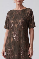 Load image into Gallery viewer, Sparkly Sequin Coffee Pleated A Line Long Mother of the Bride Dress with Sleeves