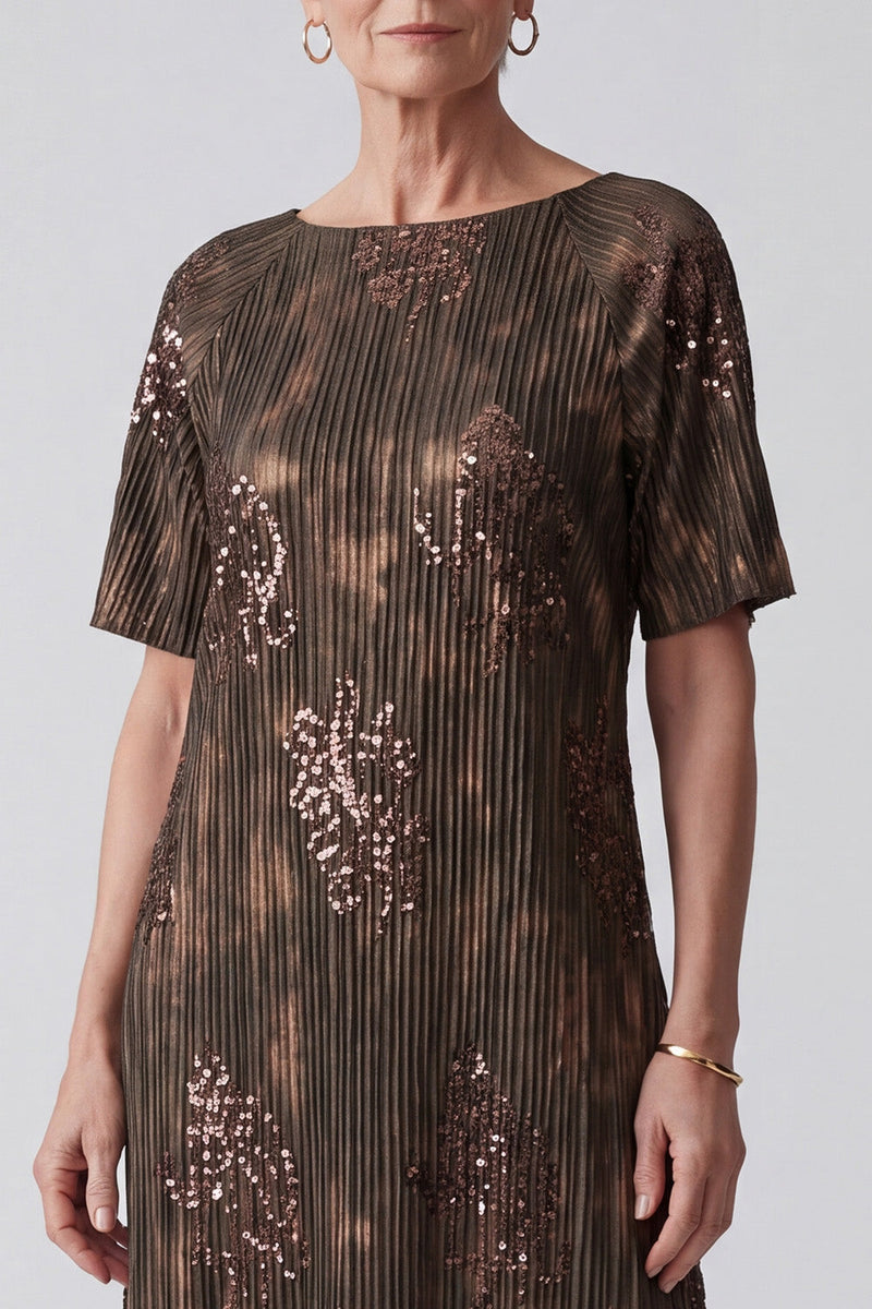 Load image into Gallery viewer, Sparkly Sequin Coffee Pleated A Line Long Mother of the Bride Dress with Sleeves