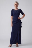 Load image into Gallery viewer, Sparkly Navy Sheath Ruffled Ruched Beaded Long Mother of the Bride Dress with Rhinestones