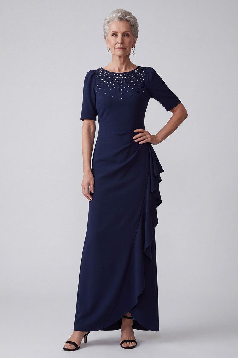 Load image into Gallery viewer, Sparkly Navy Sheath Ruffled Ruched Beaded Long Mother of the Bride Dress with Rhinestones
