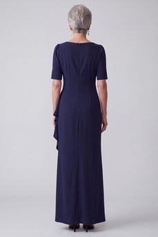 Sparkly Navy Sheath Ruffled Ruched Beaded Long Mother of the Bride Dress with Rhinestones