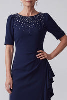 Load image into Gallery viewer, Sparkly Navy Sheath Ruffled Ruched Beaded Long Mother of the Bride Dress with Rhinestones