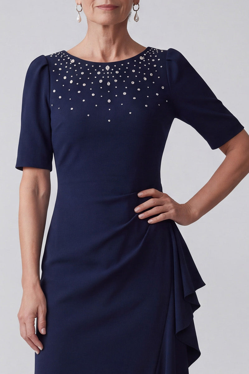 Load image into Gallery viewer, Sparkly Navy Sheath Ruffled Ruched Beaded Long Mother of the Bride Dress with Rhinestones
