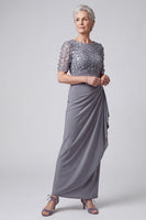 Load image into Gallery viewer, Sparkly Grey Purple Sheath Floral Sequin Ruched Long Mother of the Bride Dress