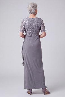 Sparkly Grey Purple Sheath Floral Sequin Ruched Long Mother of the Bride Dress