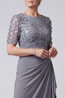 Load image into Gallery viewer, Sparkly Grey Purple Sheath Floral Sequin Ruched Long Mother of the Bride Dress