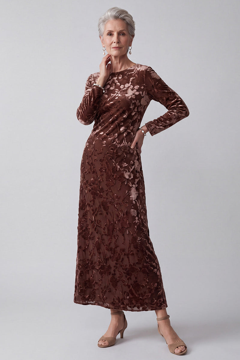 Load image into Gallery viewer, Chocolates Floral Sheath Velvet Round Neck Long Sleeves Mother of the Bride Dress