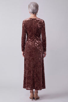 Chocolates Floral Sheath Velvet Round Neck Long Sleeves Mother of the Bride Dress