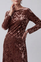 Load image into Gallery viewer, Chocolates Floral Sheath Velvet Round Neck Long Sleeves Mother of the Bride Dress