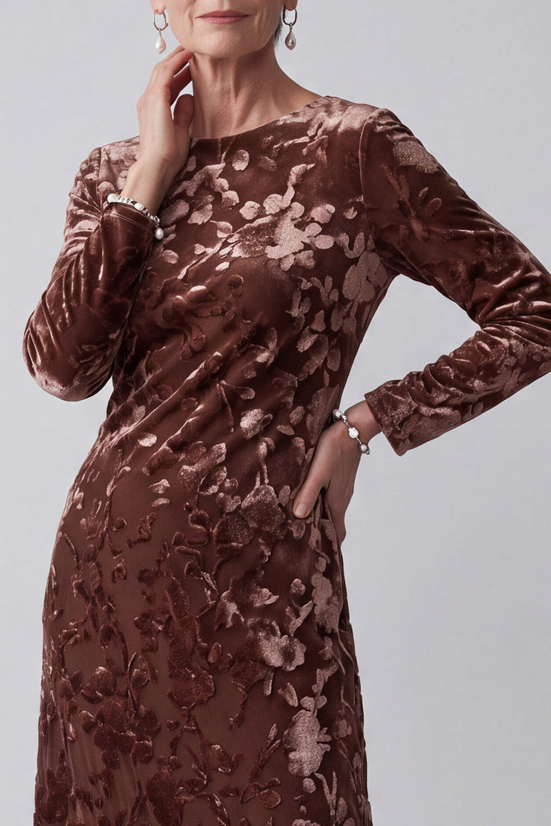 Load image into Gallery viewer, Chocolates Floral Sheath Velvet Round Neck Long Sleeves Mother of the Bride Dress