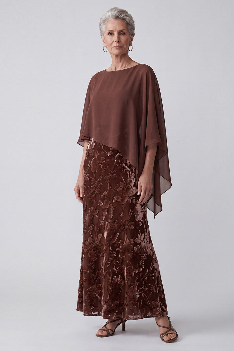 Load image into Gallery viewer, Floral Chocolates Sheath Velvet Two Piece Long Mother of the Bride Dress with Cape