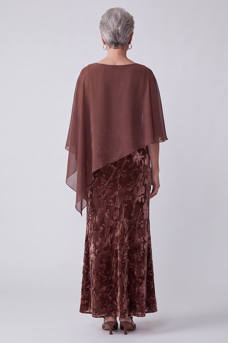 Load image into Gallery viewer, Floral Chocolates Sheath Velvet Two Piece Long Mother of the Bride Dress with Cape