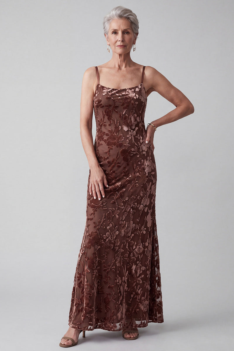 Load image into Gallery viewer, Floral Chocolates Sheath Velvet Two Piece Long Mother of the Bride Dress with Cape