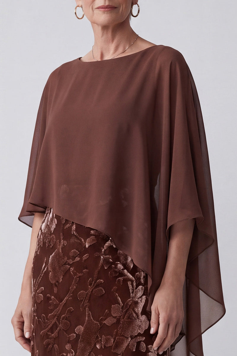 Load image into Gallery viewer, Floral Chocolates Sheath Velvet Two Piece Long Mother of the Bride Dress with Cape