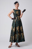 Load image into Gallery viewer, Dark Green A Line Jacquard Boat Neck Long Mother of the Bride Dress