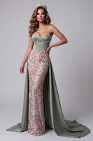 Load image into Gallery viewer, Floral Sage Green Sheath Corset Sparkly Sequin Sweetheart Long Pageant Dress with Cape