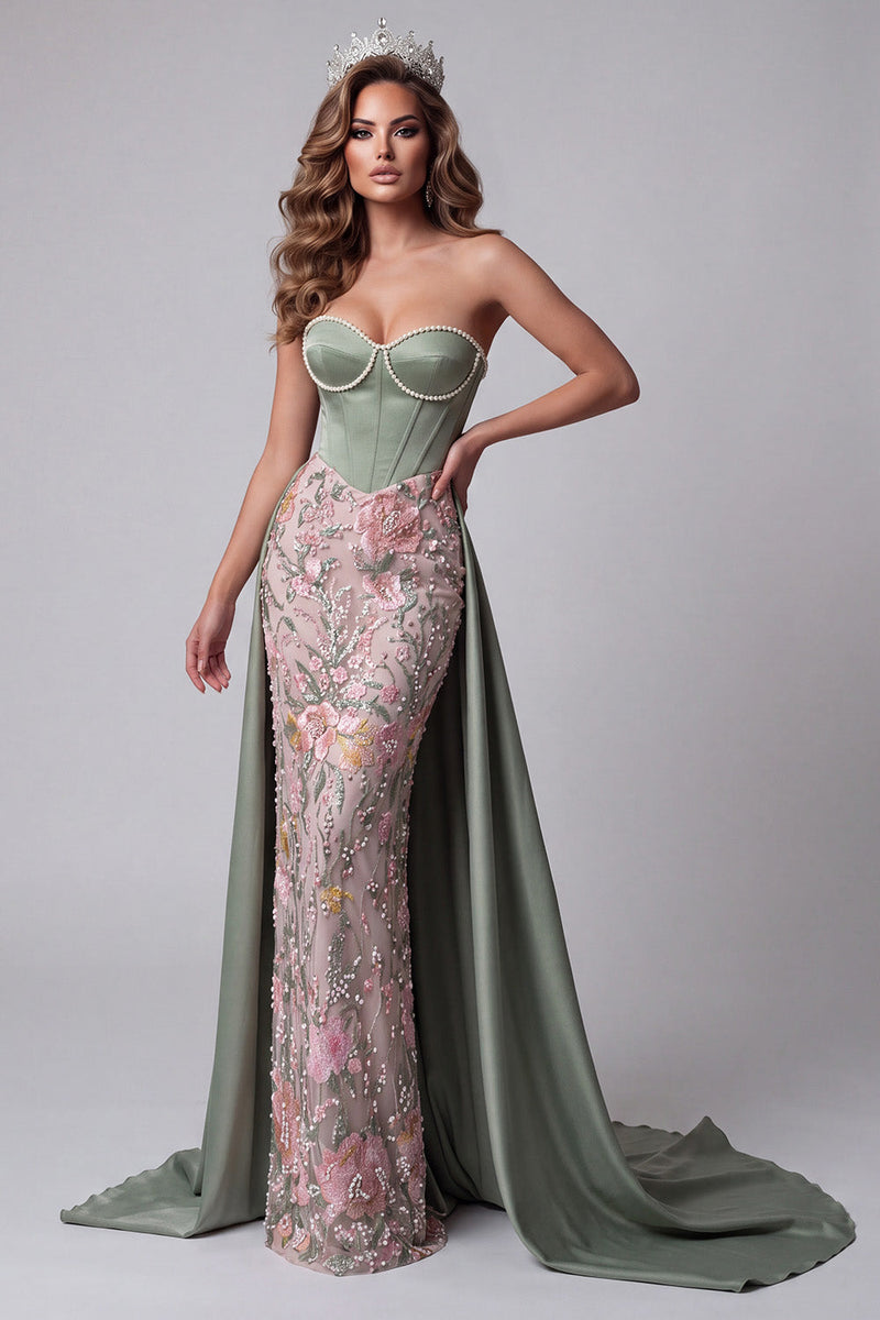 Load image into Gallery viewer, Floral Sage Green Sheath Corset Sparkly Sequin Sweetheart Long Pageant Dress with Cape