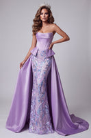 Load image into Gallery viewer, Mermaid Lavender Floral Corset Ruched Sparkly Sequin Long Pageant Dress with Cape