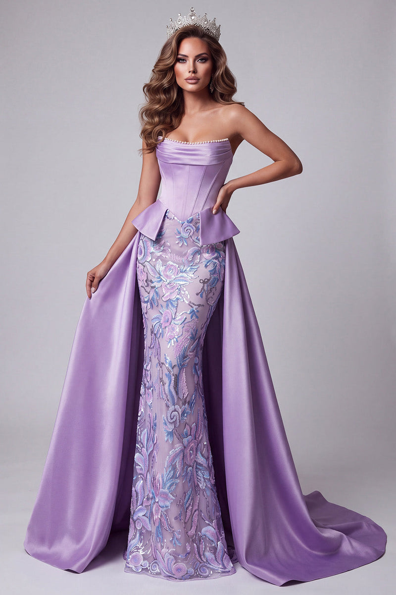 Load image into Gallery viewer, Mermaid Lavender Floral Corset Ruched Sparkly Sequin Long Pageant Dress with Cape