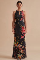 Load image into Gallery viewer, Floral Black Sheath Halter Keyhole Long Wedding Guest Dress