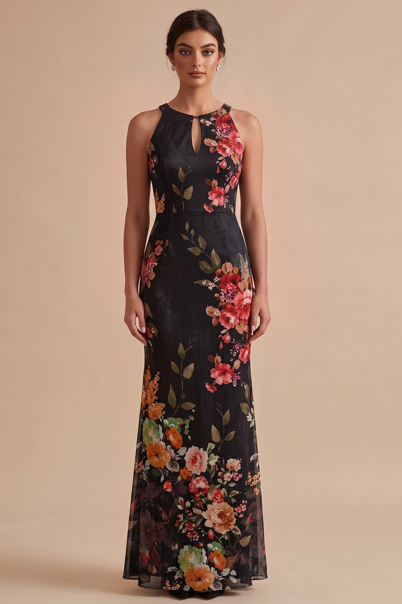 Load image into Gallery viewer, Floral Black Sheath Halter Keyhole Long Wedding Guest Dress