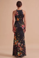 Load image into Gallery viewer, Floral Black Sheath Halter Keyhole Long Wedding Guest Dress