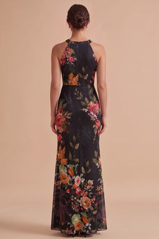 Floral Black Sheath Halter Keyhole Long Wedding Guest Dress