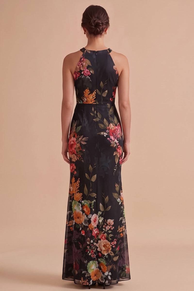 Load image into Gallery viewer, Floral Black Sheath Halter Keyhole Long Wedding Guest Dress