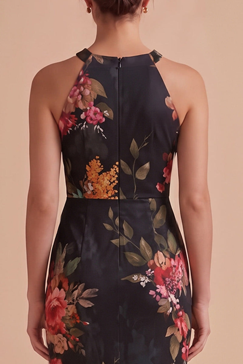 Load image into Gallery viewer, Floral Black Sheath Halter Keyhole Long Wedding Guest Dress