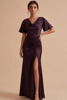 Load image into Gallery viewer, Plum Sheath Ruched Cowl Neck Long Wedding Guest Dress with Slit