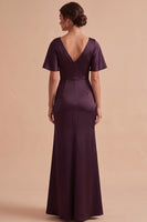 Load image into Gallery viewer, Plum Sheath Ruched Cowl Neck Long Wedding Guest Dress with Slit