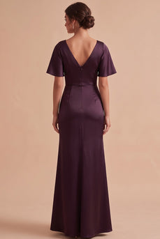 Plum Sheath Ruched Cowl Neck Long Wedding Guest Dress with Slit