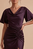 Load image into Gallery viewer, Plum Sheath Ruched Cowl Neck Long Wedding Guest Dress with Slit