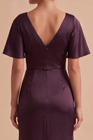 Load image into Gallery viewer, Plum Sheath Ruched Cowl Neck Long Wedding Guest Dress with Slit