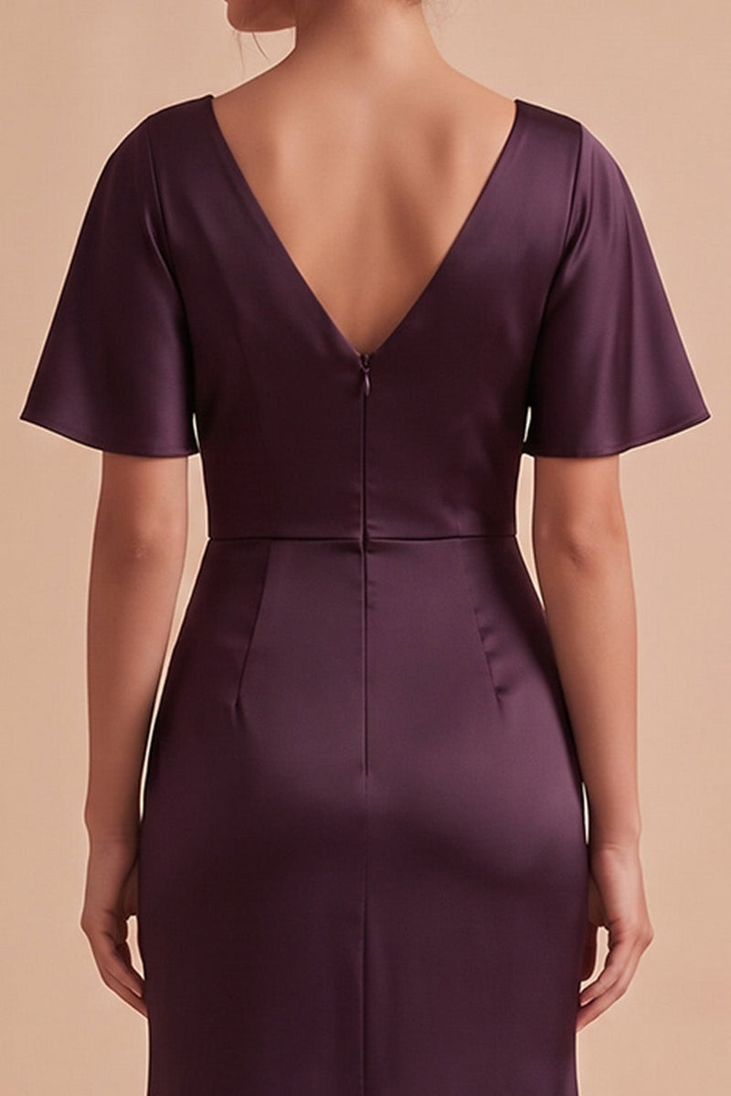 Load image into Gallery viewer, Plum Sheath Ruched Cowl Neck Long Wedding Guest Dress with Slit